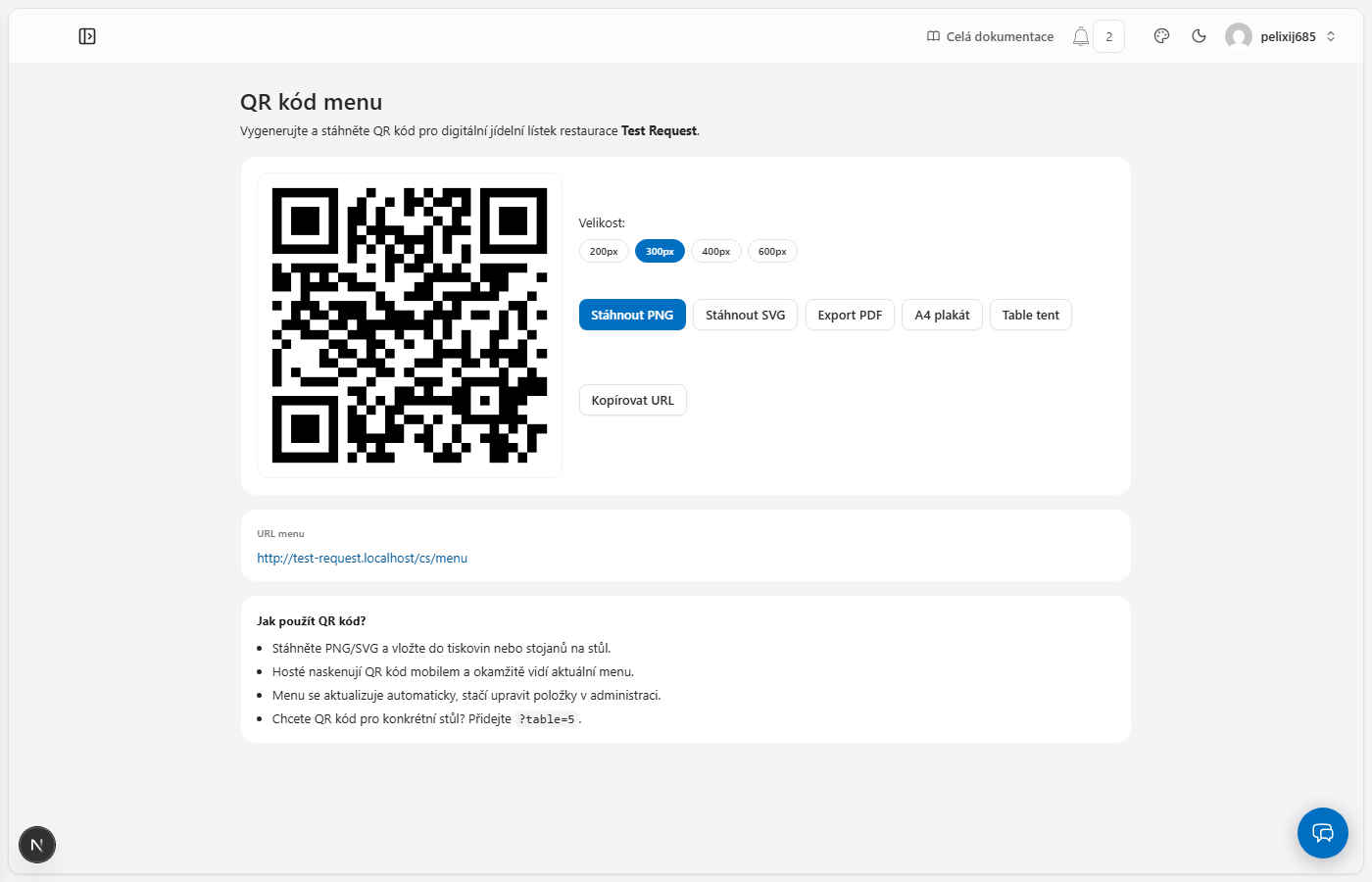 The menu QR code with its download options